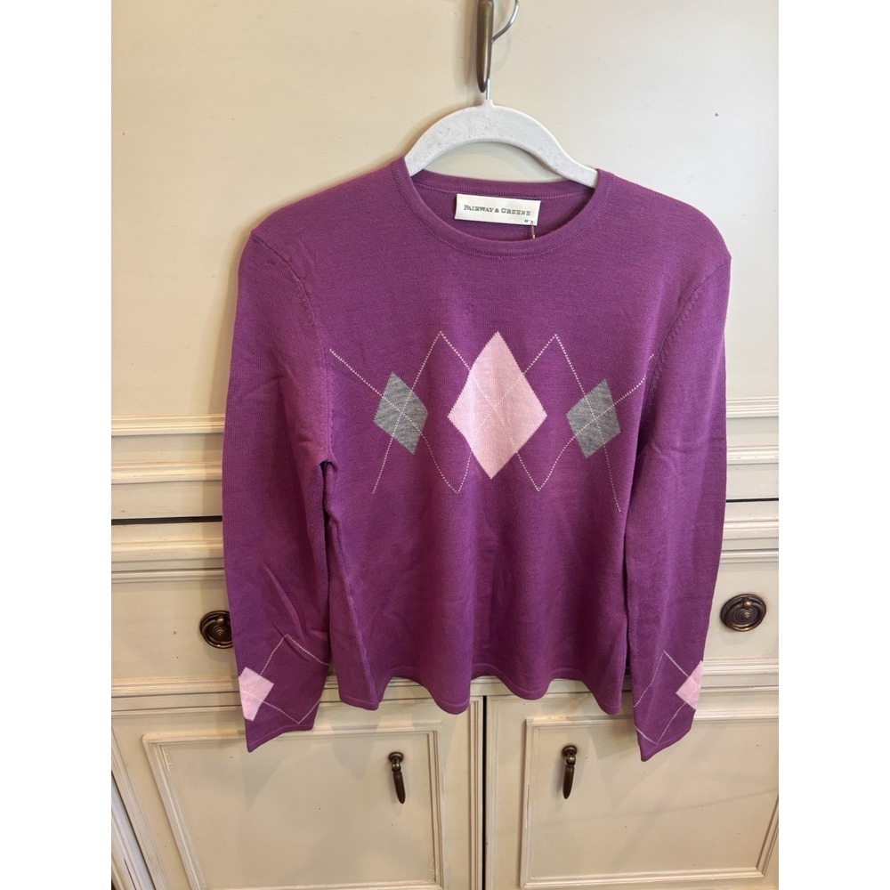 Fairway & Greene Purple Argyle Merino Wool Golf Crewneck Sweater NWT Small